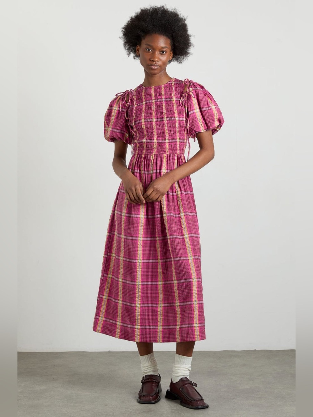 Damson Madder Becca Multi-Way Midi Dress in Pink/Khaki Check | US 12